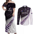 New Zealand Silver Fern Rugby Custom Couples Matching Off Shoulder Maxi Dress and Long Sleeve Button Shirt Go All Black Purple Maori Paua Shell - Aussie Hoodie