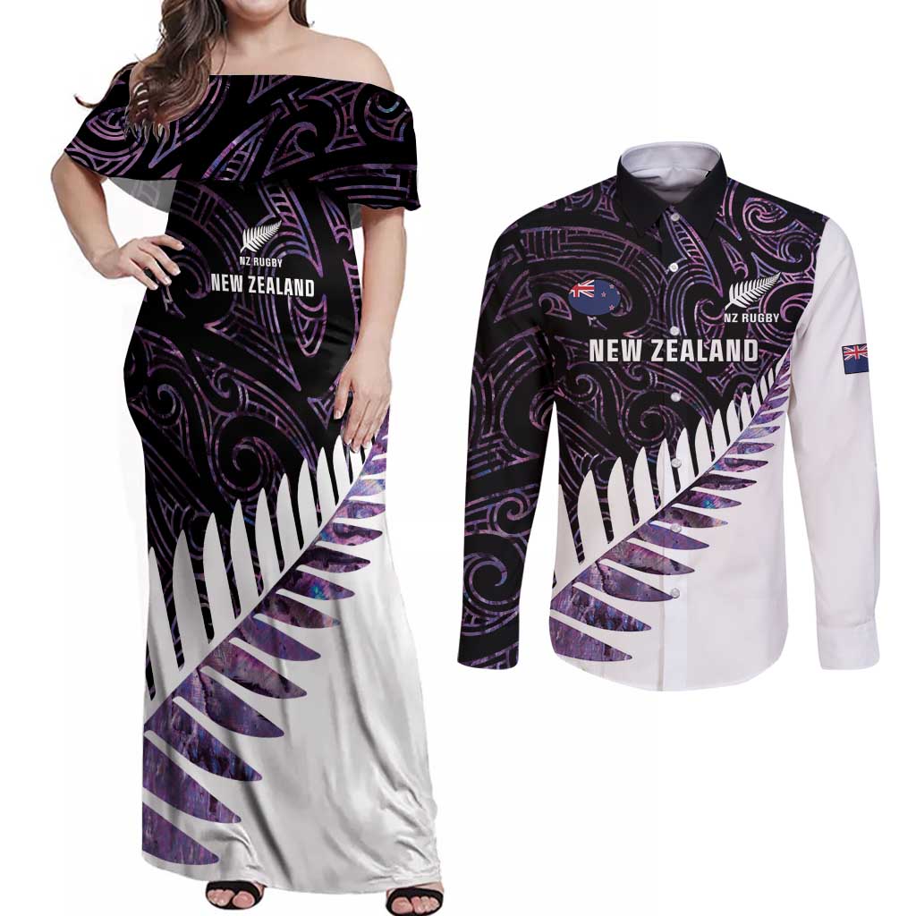 New Zealand Silver Fern Rugby Custom Couples Matching Off Shoulder Maxi Dress and Long Sleeve Button Shirt Go All Black Purple Maori Paua Shell - Aussie Hoodie