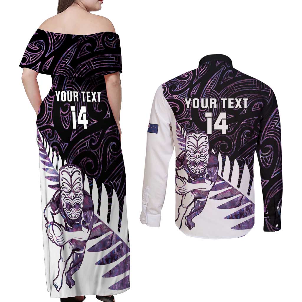 New Zealand Silver Fern Rugby Custom Couples Matching Off Shoulder Maxi Dress and Long Sleeve Button Shirt Go All Black Purple Maori Paua Shell - Aussie Hoodie