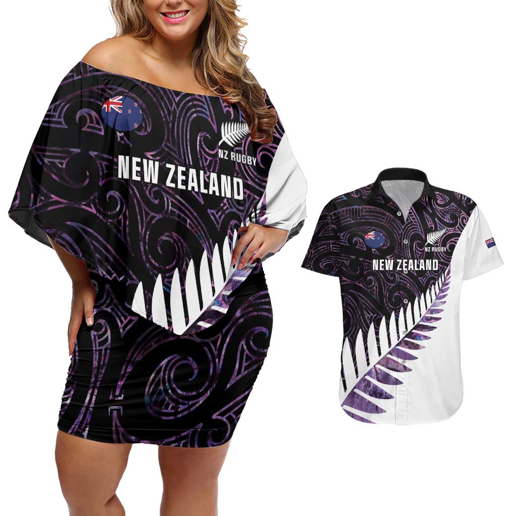 New Zealand Silver Fern Rugby Custom Couples Matching Off Shoulder Short Dress and Hawaiian Shirt Go All Black Purple Maori Paua Shell - Aussie Hoodie