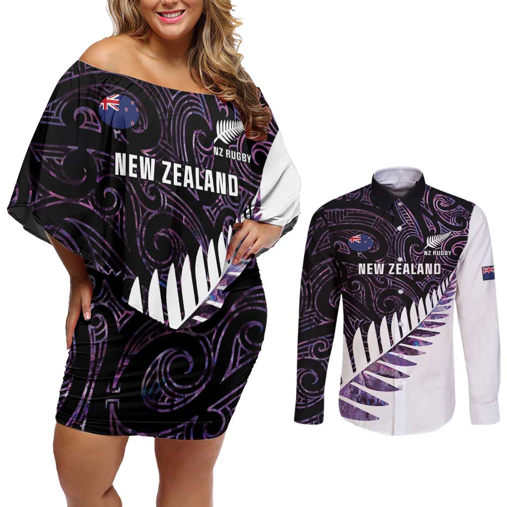 New Zealand Silver Fern Rugby Custom Couples Matching Off Shoulder Short Dress and Long Sleeve Button Shirt Go All Black Purple Maori Paua Shell - Aussie Hoodie