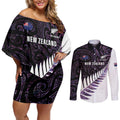 New Zealand Silver Fern Rugby Custom Couples Matching Off Shoulder Short Dress and Long Sleeve Button Shirt Go All Black Purple Maori Paua Shell - Aussie Hoodie
