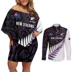 New Zealand Silver Fern Rugby Custom Couples Matching Off Shoulder Short Dress and Long Sleeve Button Shirt Go All Black Purple Maori Paua Shell - Aussie Hoodie