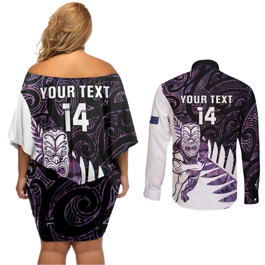 New Zealand Silver Fern Rugby Custom Couples Matching Off Shoulder Short Dress and Long Sleeve Button Shirt Go All Black Purple Maori Paua Shell - Aussie Hoodie