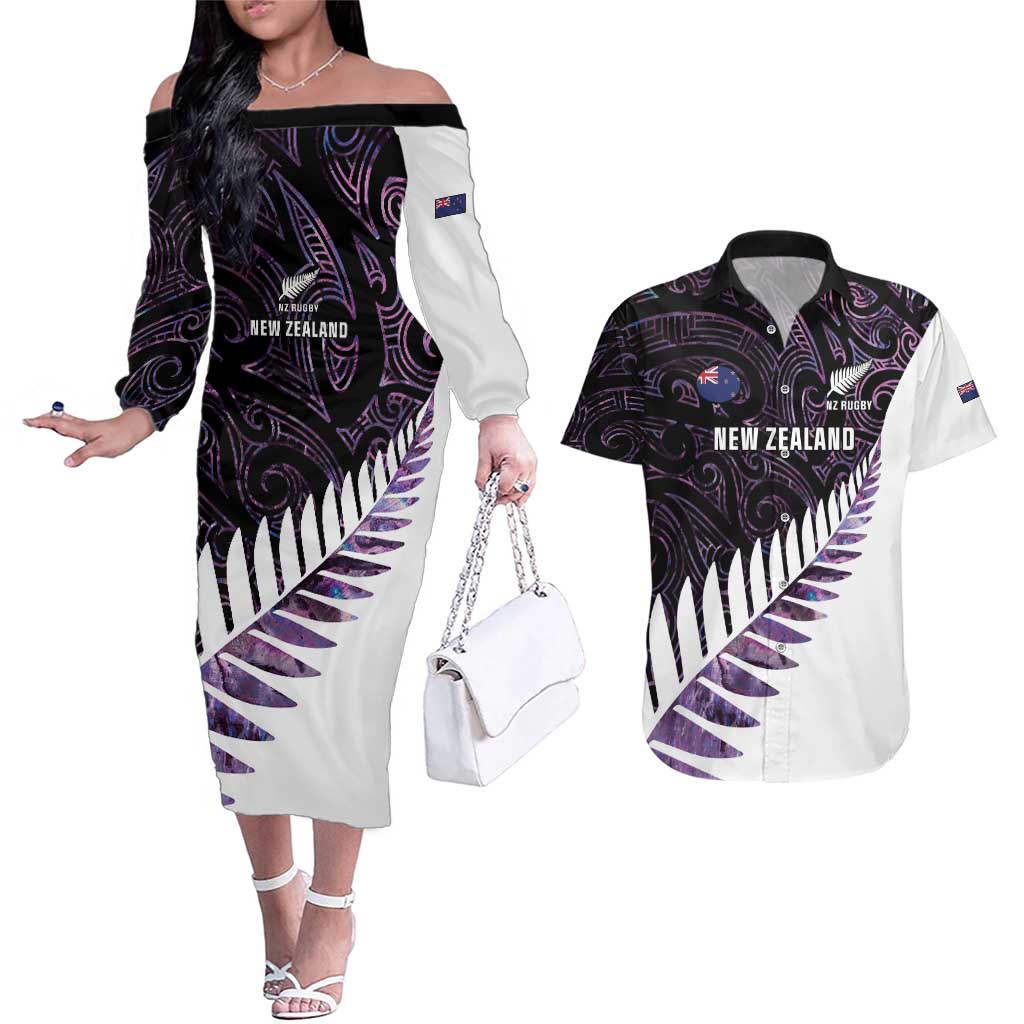 New Zealand Silver Fern Rugby Custom Couples Matching Off The Shoulder Long Sleeve Dress and Hawaiian Shirt Go All Black Purple Maori Paua Shell - Aussie Hoodie