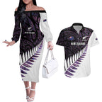 New Zealand Silver Fern Rugby Custom Couples Matching Off The Shoulder Long Sleeve Dress and Hawaiian Shirt Go All Black Purple Maori Paua Shell - Aussie Hoodie