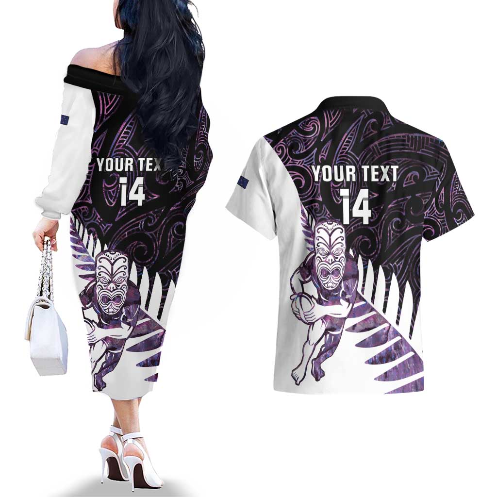New Zealand Silver Fern Rugby Custom Couples Matching Off The Shoulder Long Sleeve Dress and Hawaiian Shirt Go All Black Purple Maori Paua Shell - Aussie Hoodie