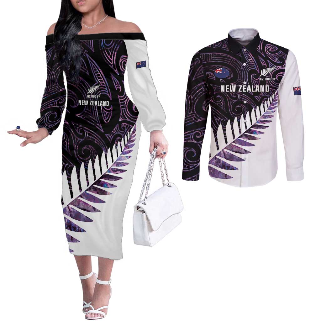 New Zealand Silver Fern Rugby Custom Couples Matching Off The Shoulder Long Sleeve Dress and Long Sleeve Button Shirt Go All Black Purple Maori Paua Shell - Aussie Hoodie