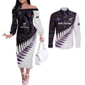 New Zealand Silver Fern Rugby Custom Couples Matching Off The Shoulder Long Sleeve Dress and Long Sleeve Button Shirt Go All Black Purple Maori Paua Shell - Aussie Hoodie