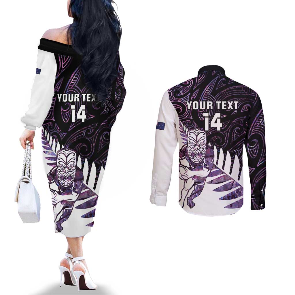 New Zealand Silver Fern Rugby Custom Couples Matching Off The Shoulder Long Sleeve Dress and Long Sleeve Button Shirt Go All Black Purple Maori Paua Shell - Aussie Hoodie