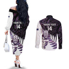 New Zealand Silver Fern Rugby Custom Couples Matching Off The Shoulder Long Sleeve Dress and Long Sleeve Button Shirt Go All Black Purple Maori Paua Shell - Aussie Hoodie