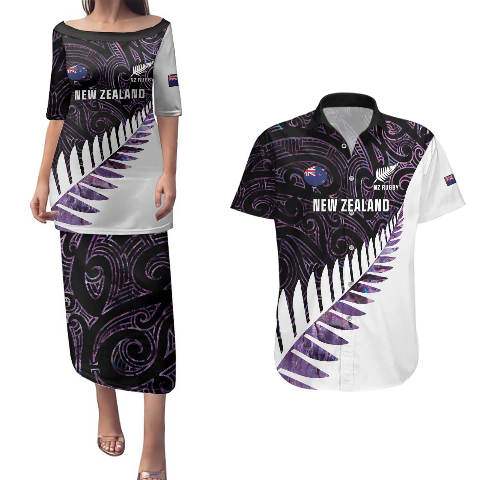 New Zealand Silver Fern Rugby Custom Couples Matching Puletasi and Hawaiian Shirt Go All Black Purple Maori Paua Shell - Aussie Hoodie