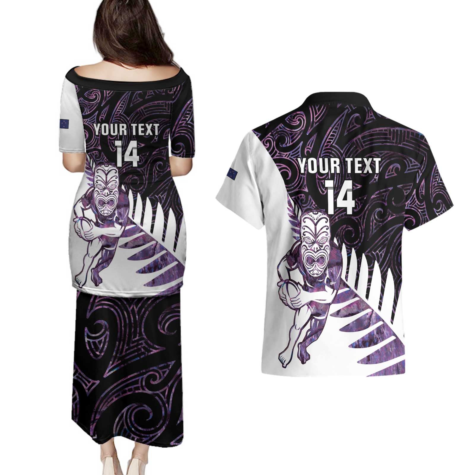 New Zealand Silver Fern Rugby Custom Couples Matching Puletasi and Hawaiian Shirt Go All Black Purple Maori Paua Shell - Aussie Hoodie