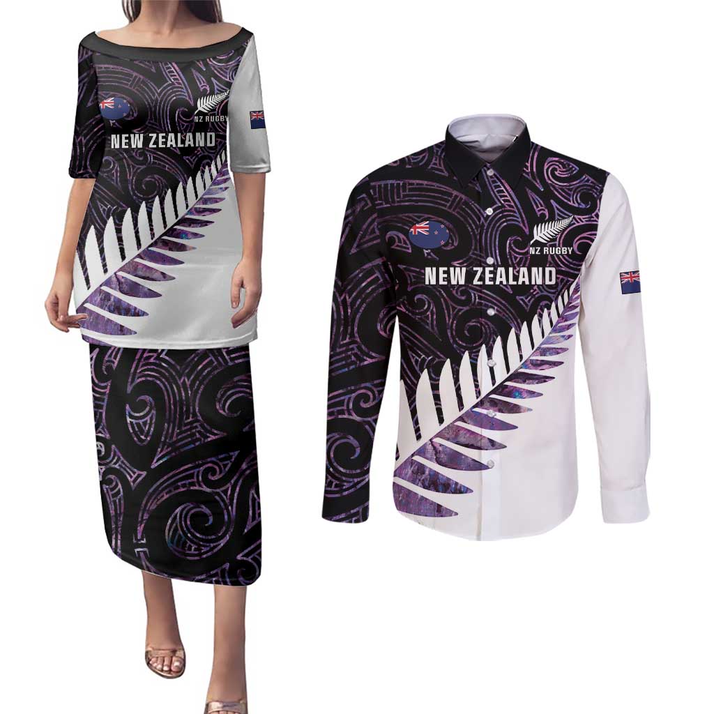 New Zealand Silver Fern Rugby Custom Couples Matching Puletasi and Long Sleeve Button Shirt Go All Black Purple Maori Paua Shell - Aussie Hoodie
