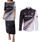 New Zealand Silver Fern Rugby Custom Couples Matching Puletasi and Long Sleeve Button Shirt Go All Black Purple Maori Paua Shell - Aussie Hoodie