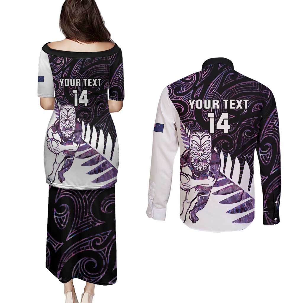 New Zealand Silver Fern Rugby Custom Couples Matching Puletasi and Long Sleeve Button Shirt Go All Black Purple Maori Paua Shell - Aussie Hoodie