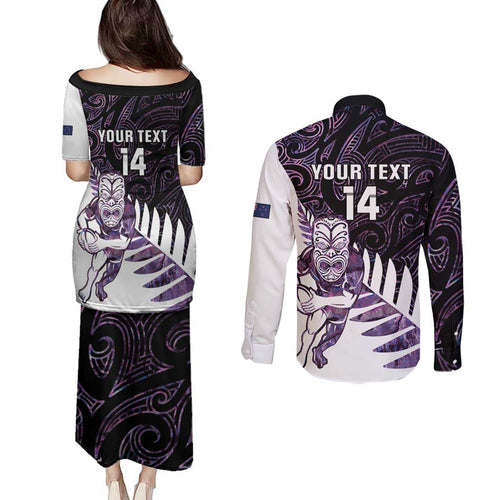 New Zealand Silver Fern Rugby Custom Couples Matching Puletasi and Long Sleeve Button Shirt Go All Black Purple Maori Paua Shell - Aussie Hoodie