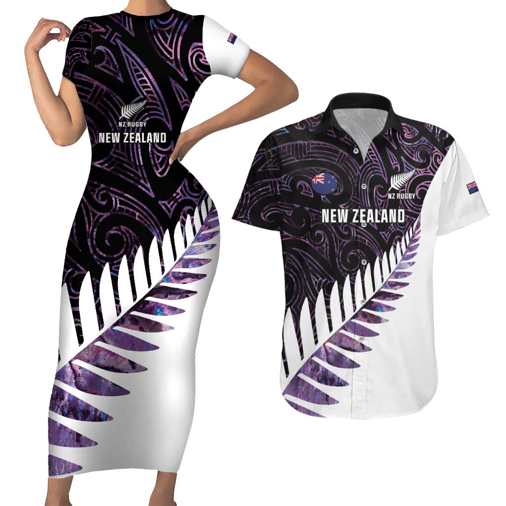 New Zealand Silver Fern Rugby Custom Couples Matching Short Sleeve Bodycon Dress and Hawaiian Shirt Go All Black Purple Maori Paua Shell - Aussie Hoodie