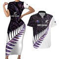 New Zealand Silver Fern Rugby Custom Couples Matching Short Sleeve Bodycon Dress and Hawaiian Shirt Go All Black Purple Maori Paua Shell - Aussie Hoodie