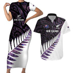 New Zealand Silver Fern Rugby Custom Couples Matching Short Sleeve Bodycon Dress and Hawaiian Shirt Go All Black Purple Maori Paua Shell - Aussie Hoodie
