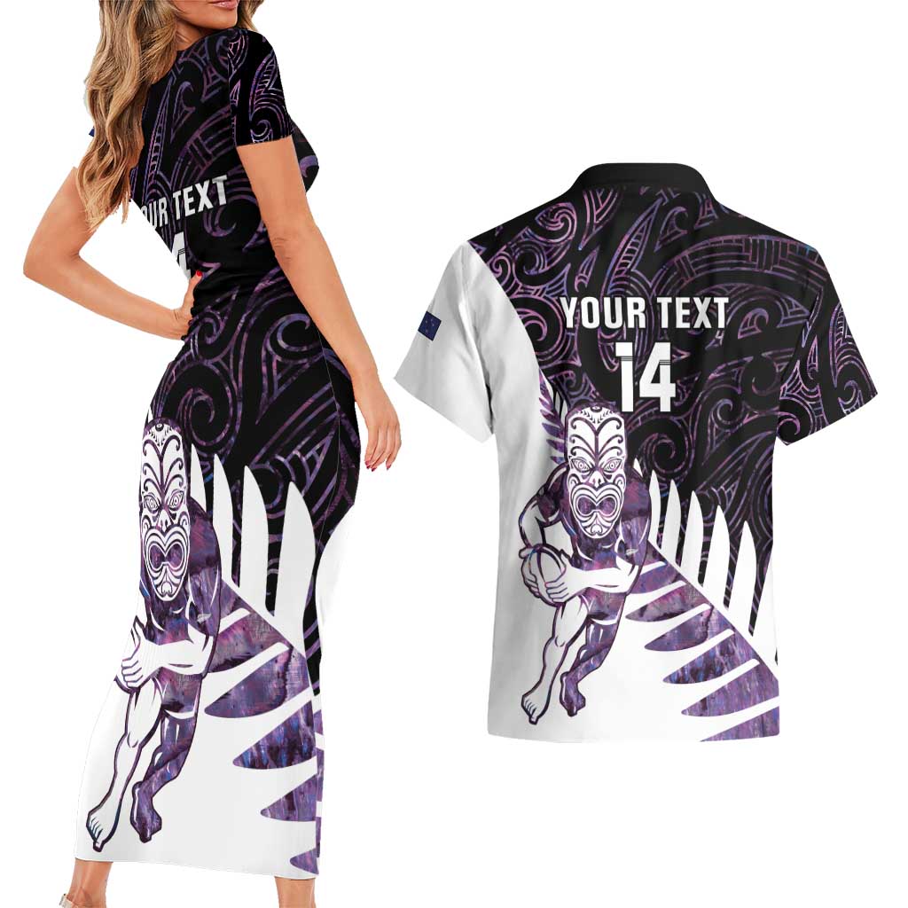 New Zealand Silver Fern Rugby Custom Couples Matching Short Sleeve Bodycon Dress and Hawaiian Shirt Go All Black Purple Maori Paua Shell - Aussie Hoodie
