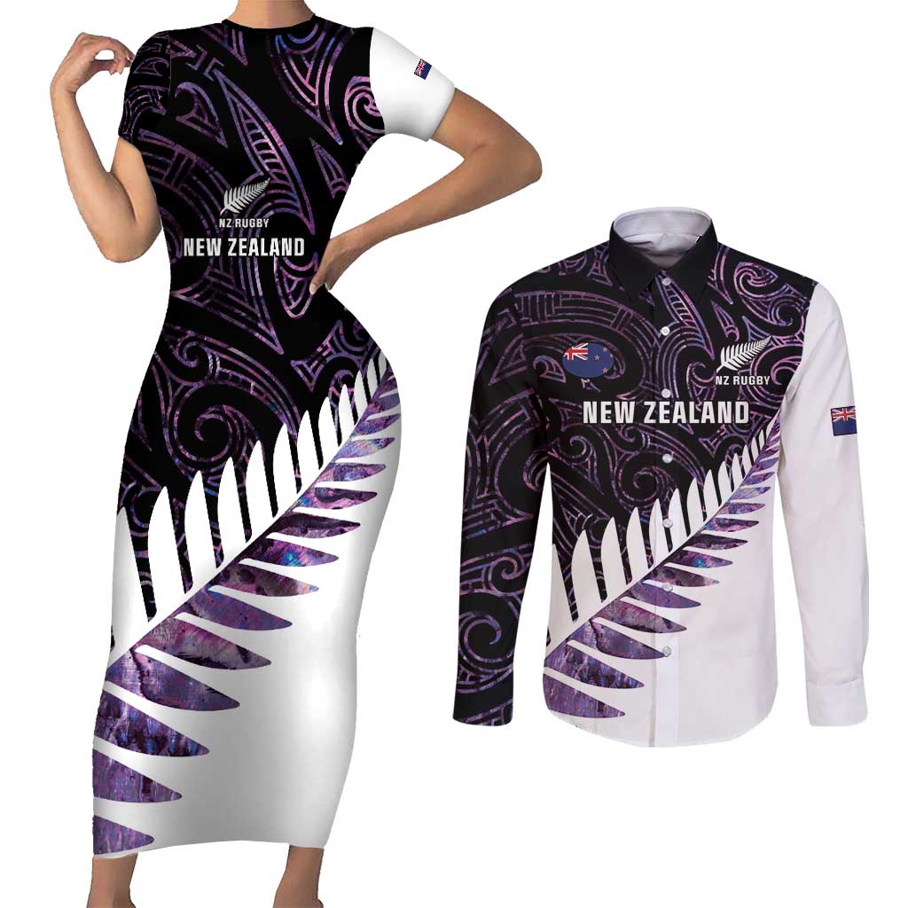 New Zealand Silver Fern Rugby Custom Couples Matching Short Sleeve Bodycon Dress and Long Sleeve Button Shirt Go All Black Purple Maori Paua Shell - Aussie Hoodie