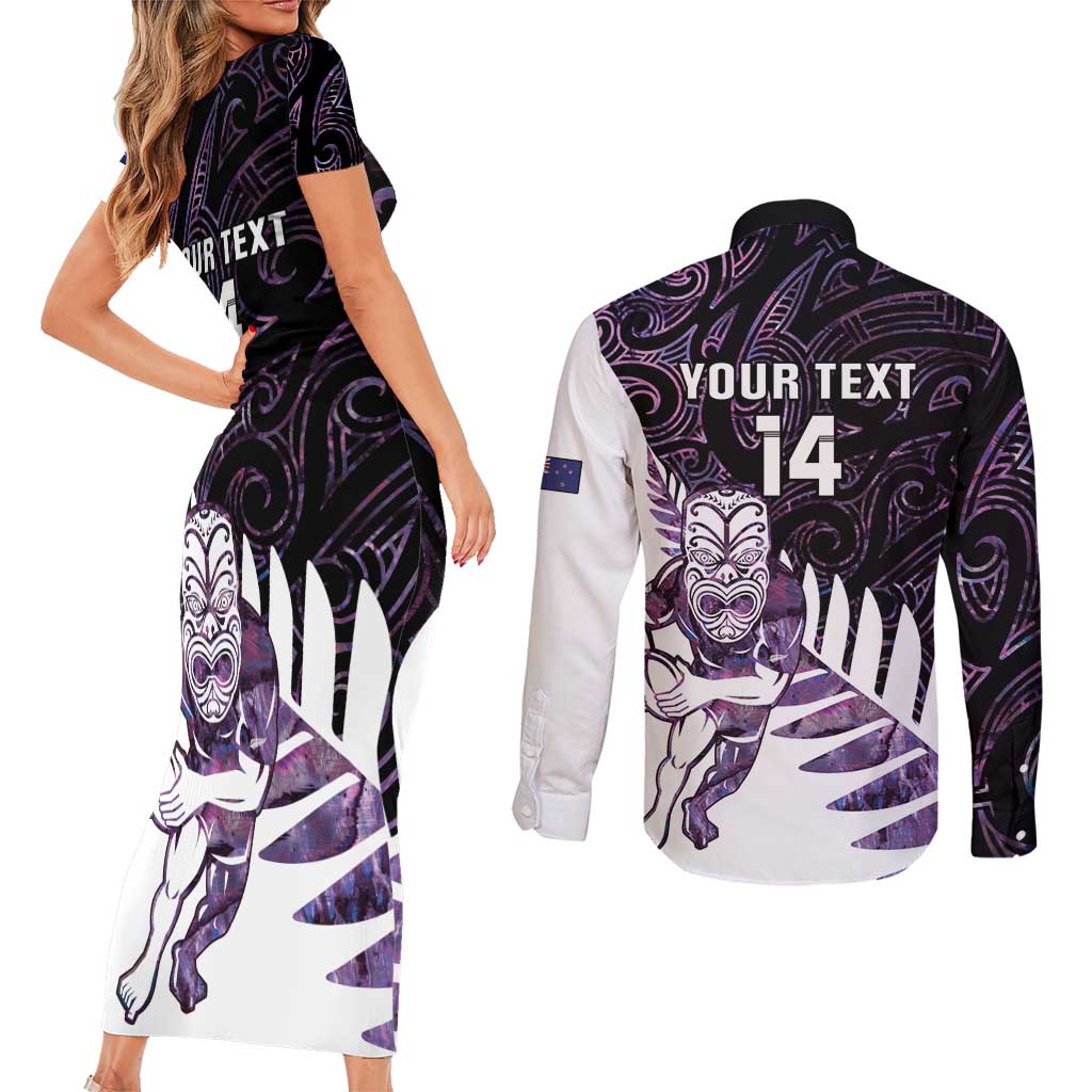 New Zealand Silver Fern Rugby Custom Couples Matching Short Sleeve Bodycon Dress and Long Sleeve Button Shirt Go All Black Purple Maori Paua Shell - Aussie Hoodie
