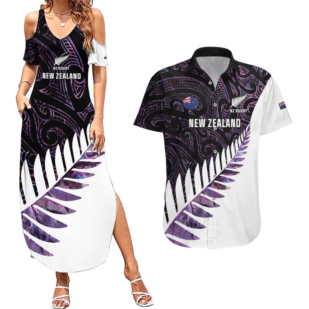 New Zealand Silver Fern Rugby Custom Couples Matching Summer Maxi Dress and Hawaiian Shirt Go All Black Purple Maori Paua Shell - Aussie Hoodie