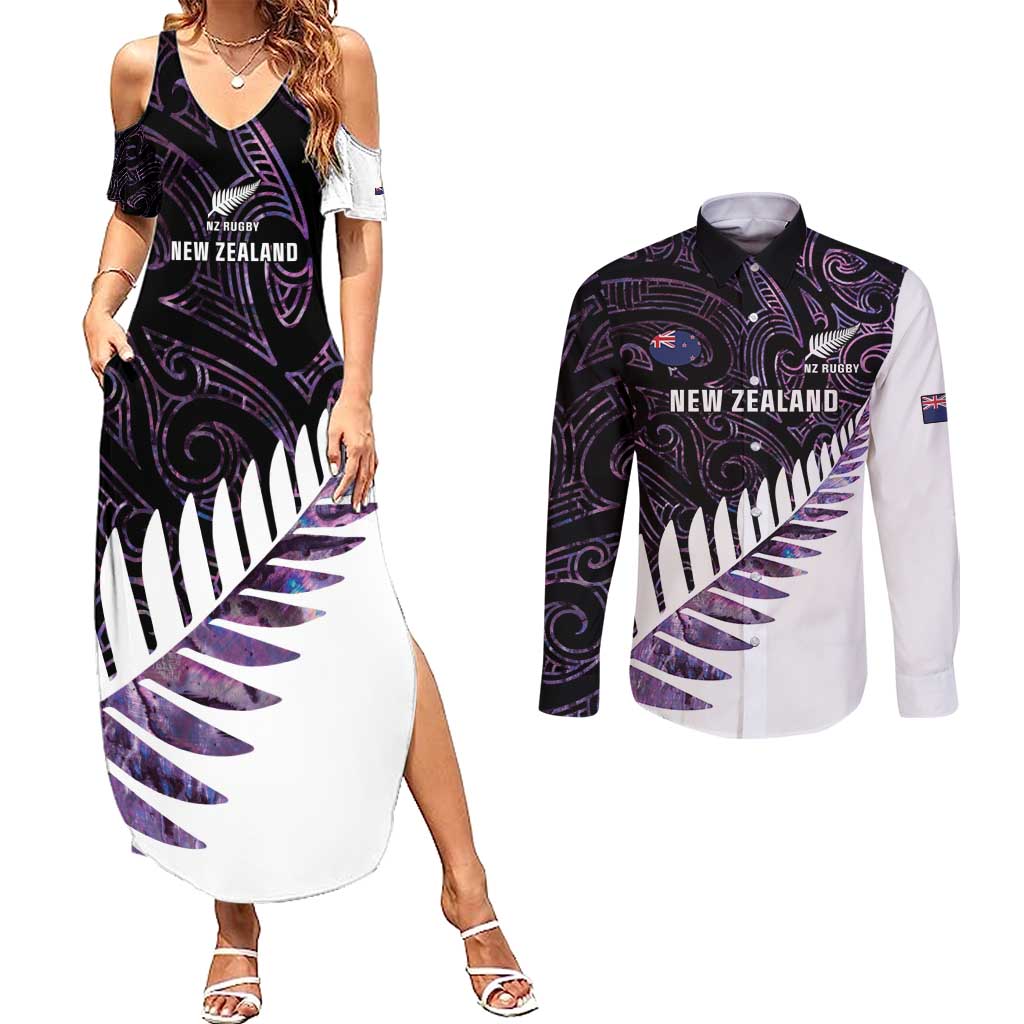 New Zealand Silver Fern Rugby Custom Couples Matching Summer Maxi Dress and Long Sleeve Button Shirt Go All Black Purple Maori Paua Shell - Aussie Hoodie