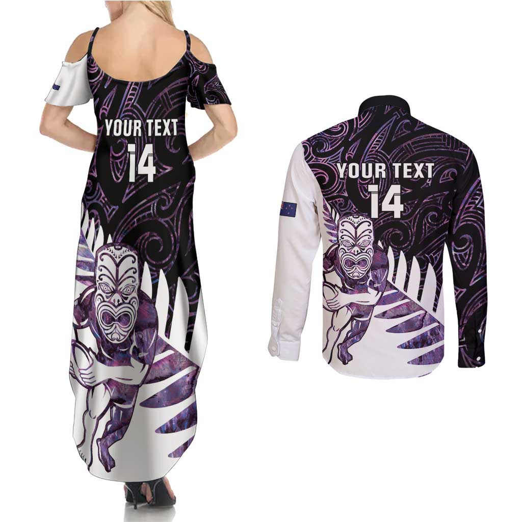New Zealand Silver Fern Rugby Custom Couples Matching Summer Maxi Dress and Long Sleeve Button Shirt Go All Black Purple Maori Paua Shell - Aussie Hoodie