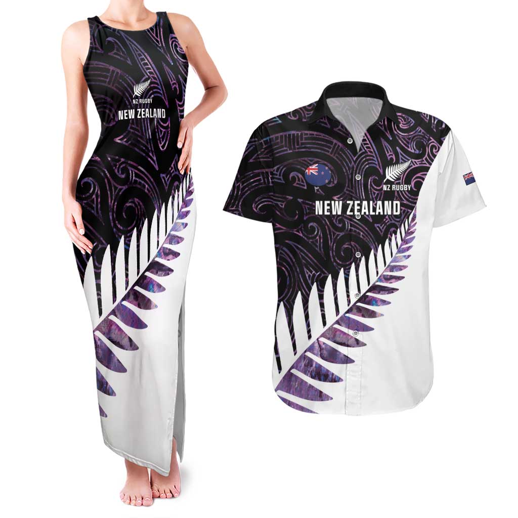New Zealand Silver Fern Rugby Custom Couples Matching Tank Maxi Dress and Hawaiian Shirt Go All Black Purple Maori Paua Shell - Aussie Hoodie