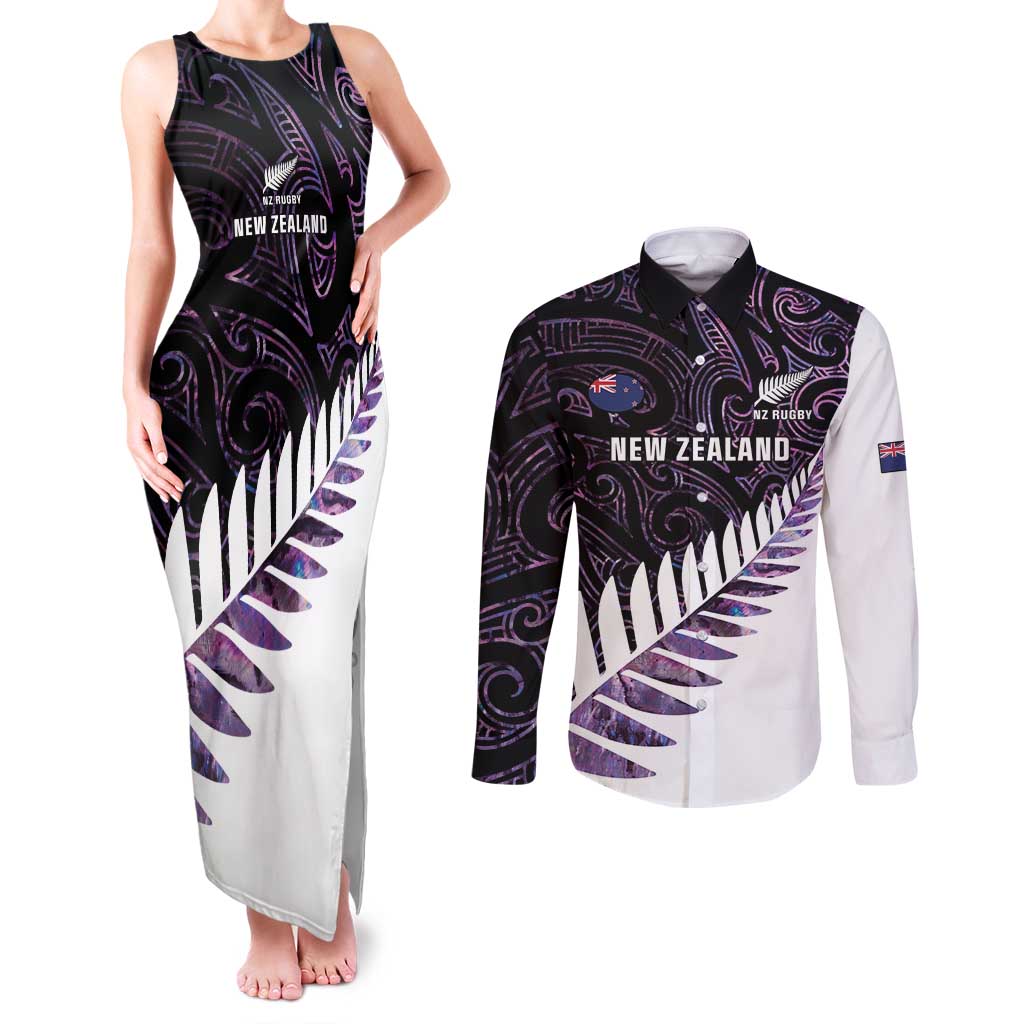 New Zealand Silver Fern Rugby Custom Couples Matching Tank Maxi Dress and Long Sleeve Button Shirt Go All Black Purple Maori Paua Shell - Aussie Hoodie