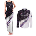 New Zealand Silver Fern Rugby Custom Couples Matching Tank Maxi Dress and Long Sleeve Button Shirt Go All Black Purple Maori Paua Shell - Aussie Hoodie