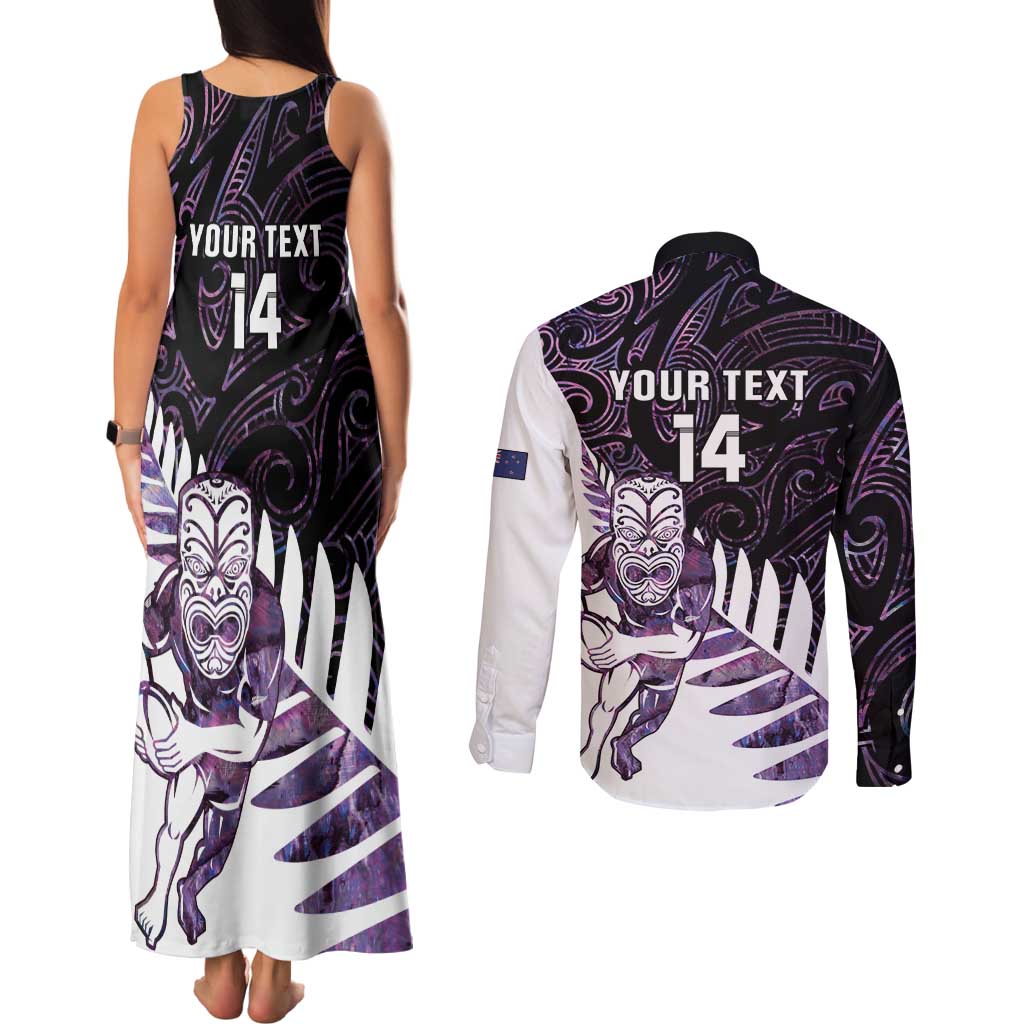 New Zealand Silver Fern Rugby Custom Couples Matching Tank Maxi Dress and Long Sleeve Button Shirt Go All Black Purple Maori Paua Shell - Aussie Hoodie