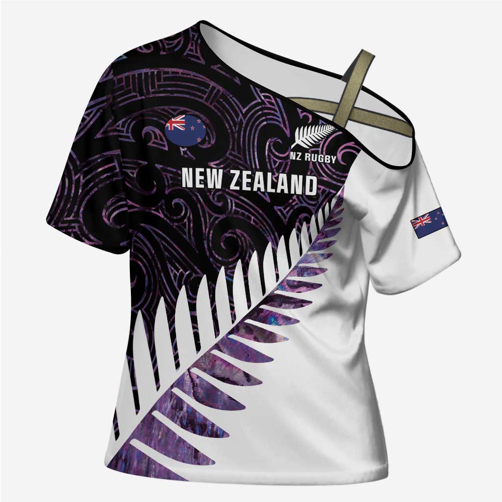 New Zealand Silver Fern Rugby Custom Cross Shoulder Shirt Go All Black Purple Maori Paua Shell - Aussie Hoodie