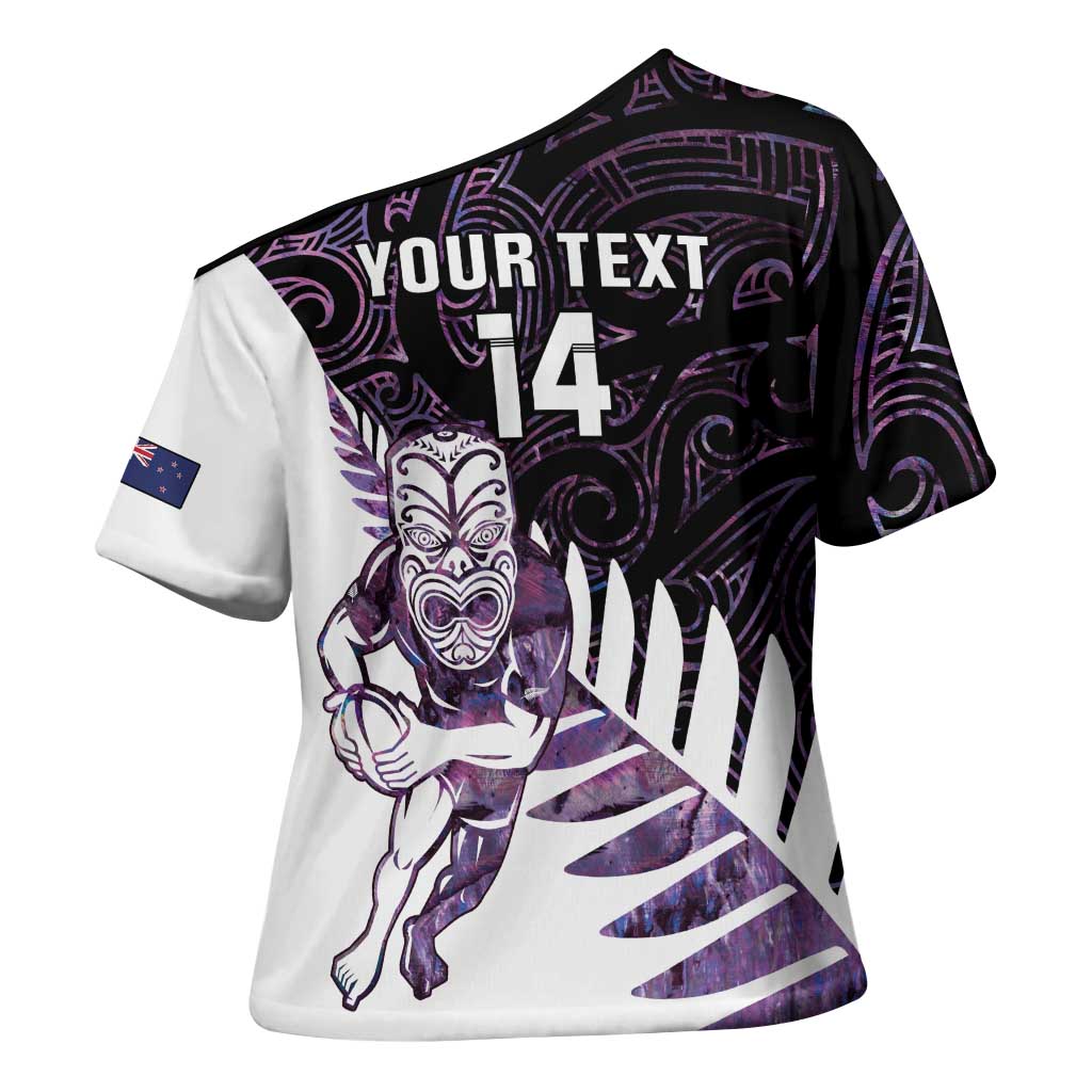 New Zealand Silver Fern Rugby Custom Cross Shoulder Shirt Go All Black Purple Maori Paua Shell - Aussie Hoodie