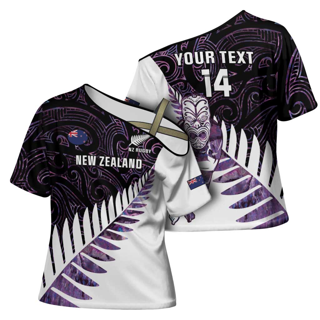 New Zealand Silver Fern Rugby Custom Cross Shoulder Shirt Go All Black Purple Maori Paua Shell - Aussie Hoodie