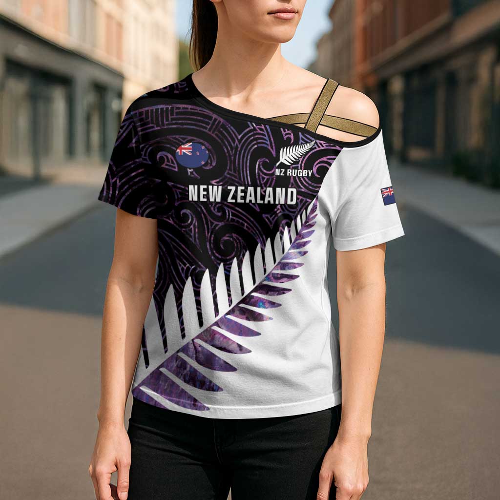 New Zealand Silver Fern Rugby Custom Cross Shoulder Shirt Go All Black Purple Maori Paua Shell - Aussie Hoodie