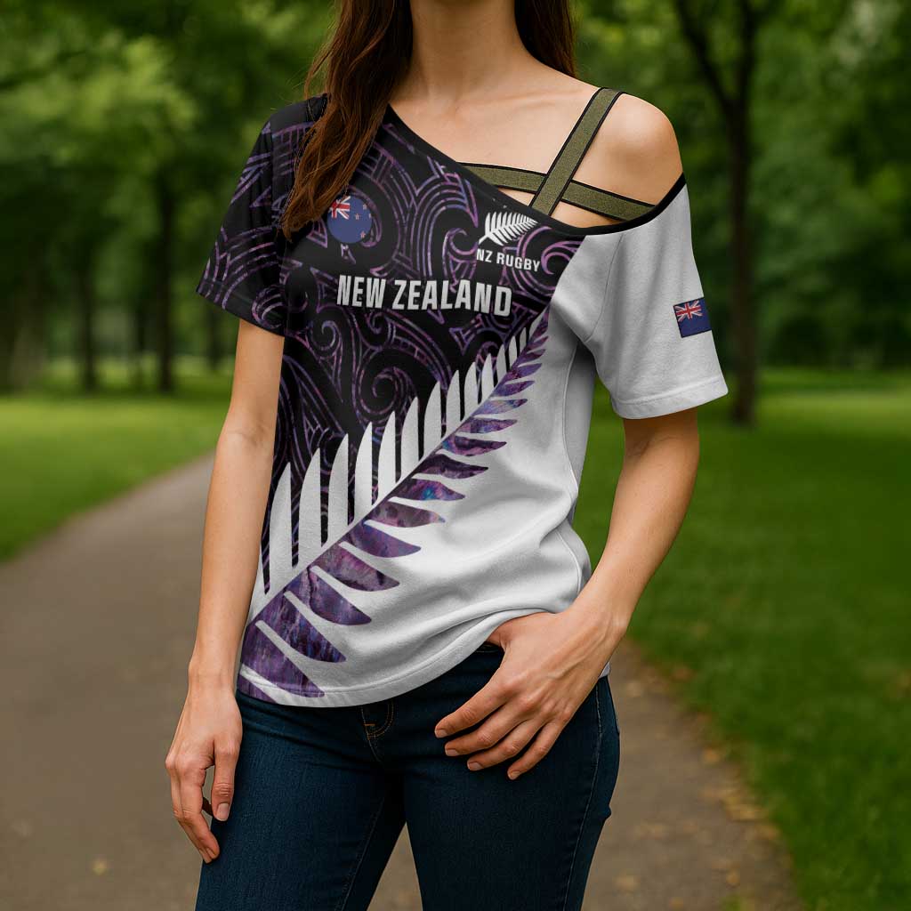 New Zealand Silver Fern Rugby Custom Cross Shoulder Shirt Go All Black Purple Maori Paua Shell - Aussie Hoodie
