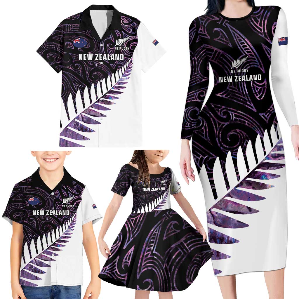 New Zealand Silver Fern Rugby Custom Family Matching Long Sleeve Bodycon Dress and Hawaiian Shirt Go All Black Purple Maori Paua Shell - Aussie Hoodie