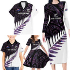 New Zealand Silver Fern Rugby Custom Family Matching Long Sleeve Bodycon Dress and Hawaiian Shirt Go All Black Purple Maori Paua Shell - Aussie Hoodie