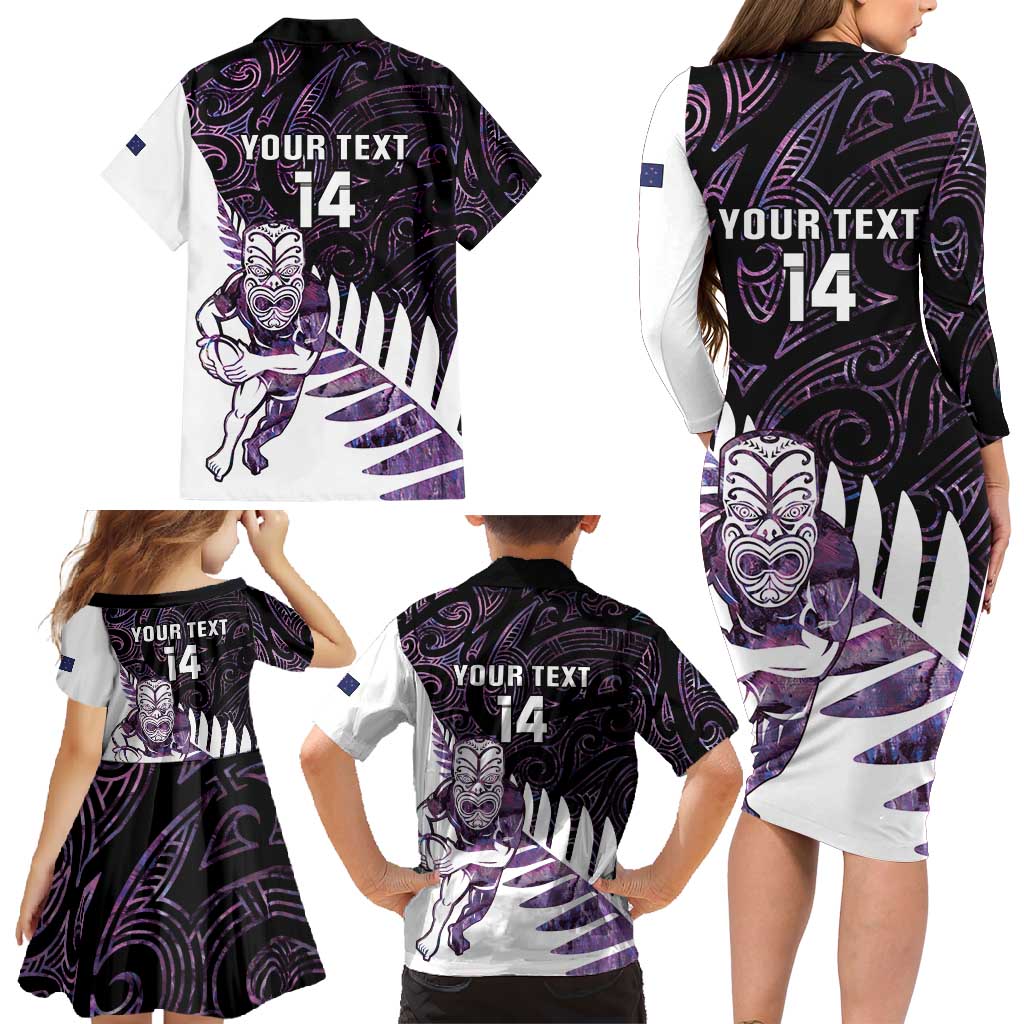 New Zealand Silver Fern Rugby Custom Family Matching Long Sleeve Bodycon Dress and Hawaiian Shirt Go All Black Purple Maori Paua Shell - Aussie Hoodie