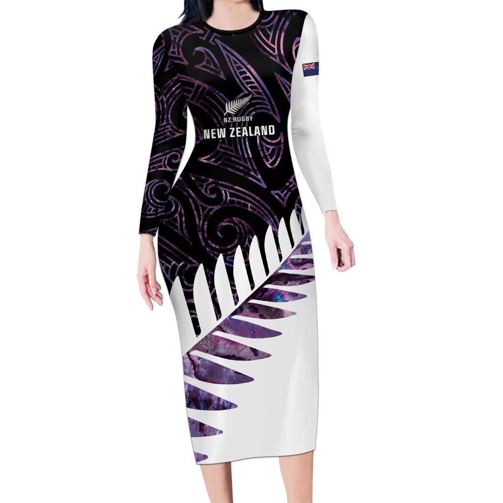 New Zealand Silver Fern Rugby Custom Family Matching Long Sleeve Bodycon Dress and Hawaiian Shirt Go All Black Purple Maori Paua Shell - Aussie Hoodie