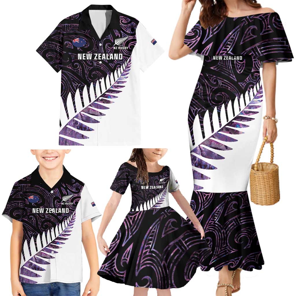 New Zealand Silver Fern Rugby Custom Family Matching Mermaid Dress and Hawaiian Shirt Go All Black Purple Maori Paua Shell - Aussie Hoodie
