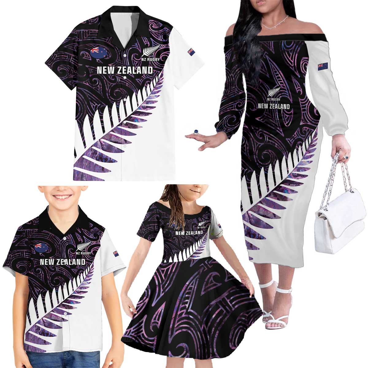 New Zealand Silver Fern Rugby Custom Family Matching Off The Shoulder Long Sleeve Dress and Hawaiian Shirt Go All Black Purple Maori Paua Shell - Aussie Hoodie