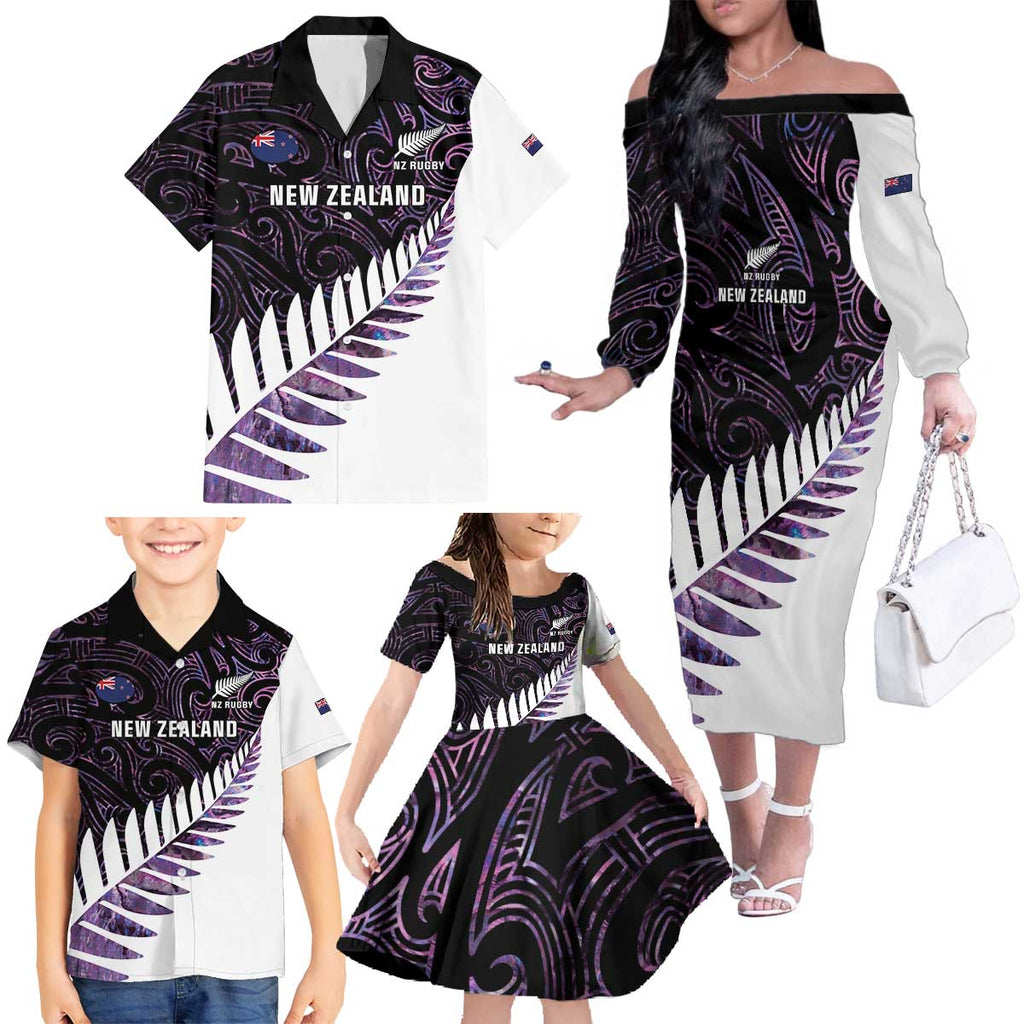New Zealand Silver Fern Rugby Custom Family Matching Off The Shoulder Long Sleeve Dress and Hawaiian Shirt Go All Black Purple Maori Paua Shell - Aussie Hoodie