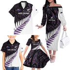 New Zealand Silver Fern Rugby Custom Family Matching Off The Shoulder Long Sleeve Dress and Hawaiian Shirt Go All Black Purple Maori Paua Shell - Aussie Hoodie