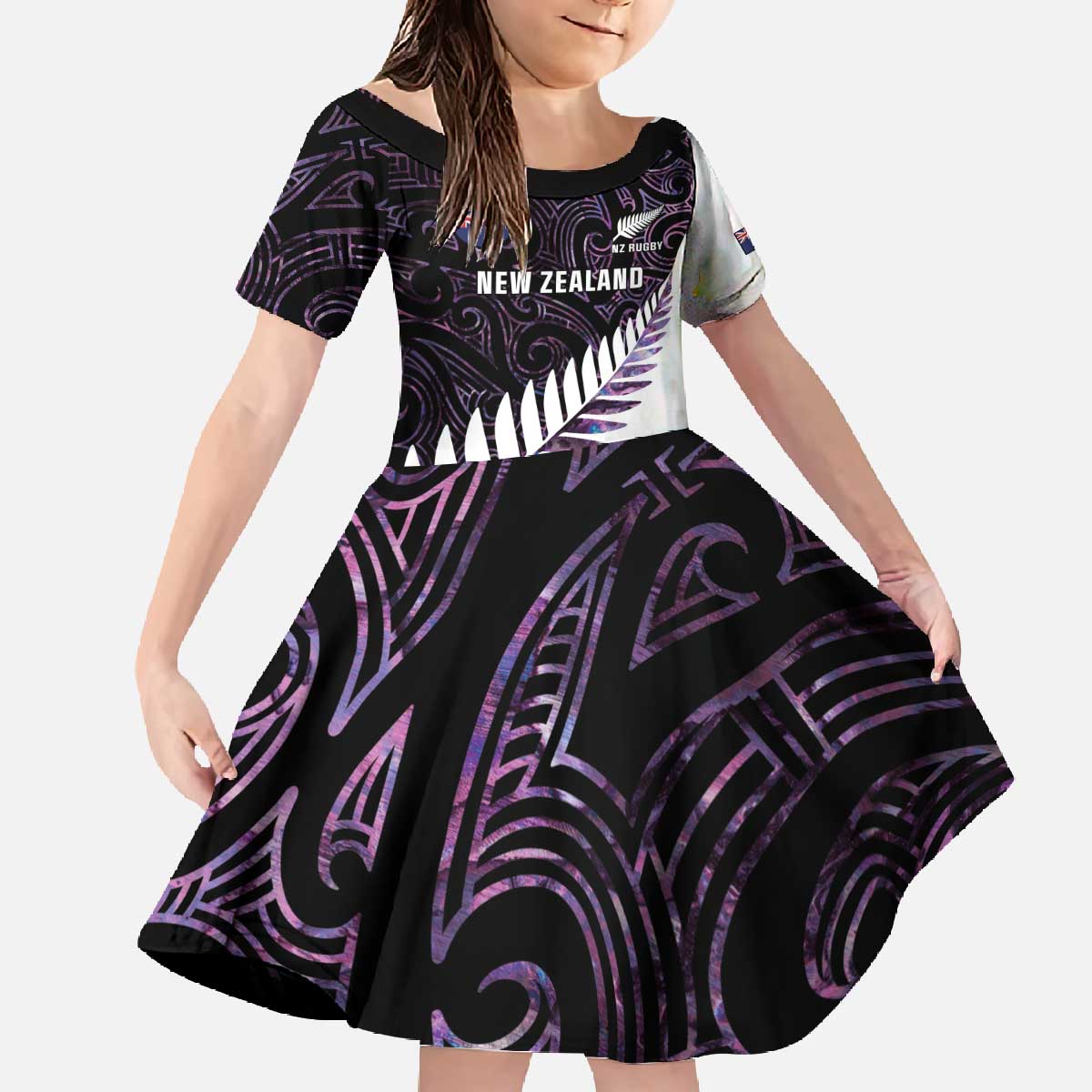 New Zealand Silver Fern Rugby Custom Family Matching Off The Shoulder Long Sleeve Dress and Hawaiian Shirt Go All Black Purple Maori Paua Shell - Aussie Hoodie