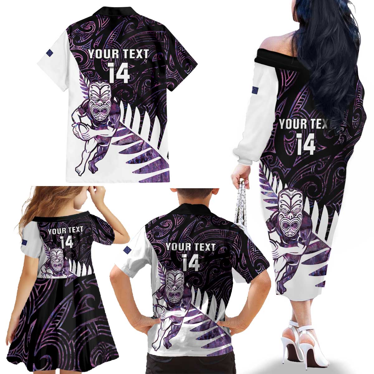 New Zealand Silver Fern Rugby Custom Family Matching Off The Shoulder Long Sleeve Dress and Hawaiian Shirt Go All Black Purple Maori Paua Shell - Aussie Hoodie