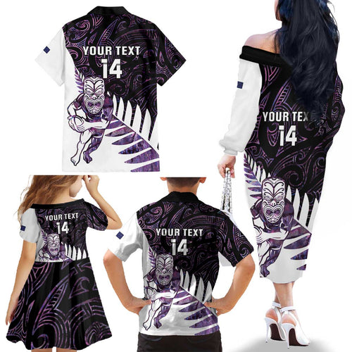 New Zealand Silver Fern Rugby Custom Family Matching Off The Shoulder Long Sleeve Dress and Hawaiian Shirt Go All Black Purple Maori Paua Shell - Aussie Hoodie